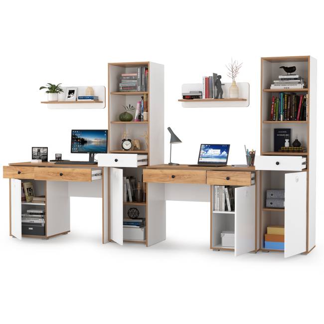 Два письменных стола с открытыми полками Вуди и два пенала для тетрадей и учебников цвет белый премиум/дуб крафт золотой Два письменных стола с открытыми полками Вуди и два пенала для тетрадей и учебников цвет белый премиум/дуб крафт золотой