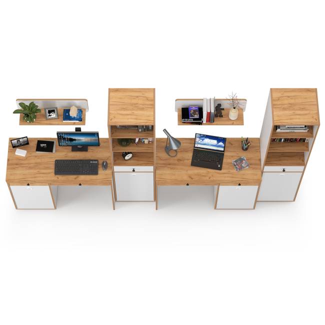 Два письменных стола с открытыми полками Вуди и два пенала для тетрадей и учебников цвет белый премиум/дуб крафт золотой Два письменных стола с открытыми полками Вуди и два пенала для тетрадей и учебников цвет белый премиум/дуб крафт золотой