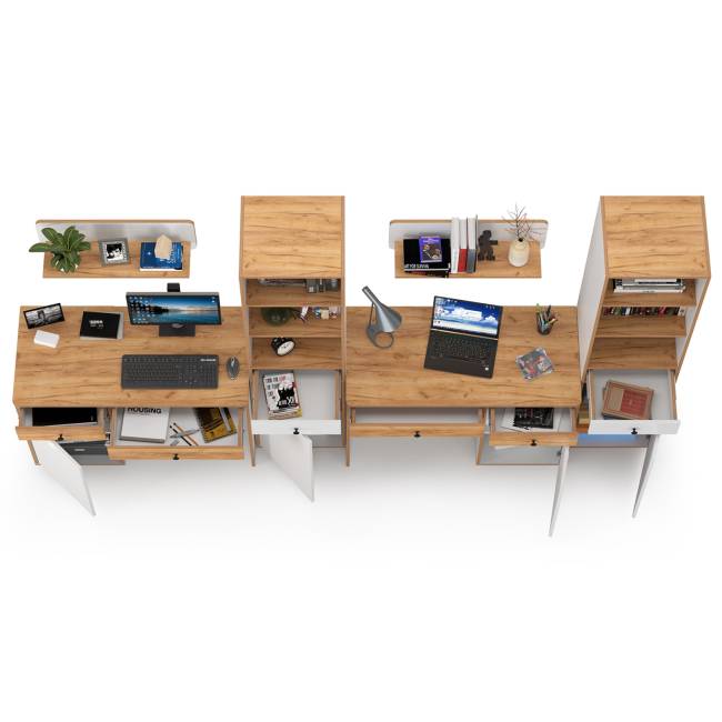 Два письменных стола с открытыми полками Вуди и два пенала для тетрадей и учебников цвет белый премиум/дуб крафт золотой Два письменных стола с открытыми полками Вуди и два пенала для тетрадей и учебников цвет белый премиум/дуб крафт золотой