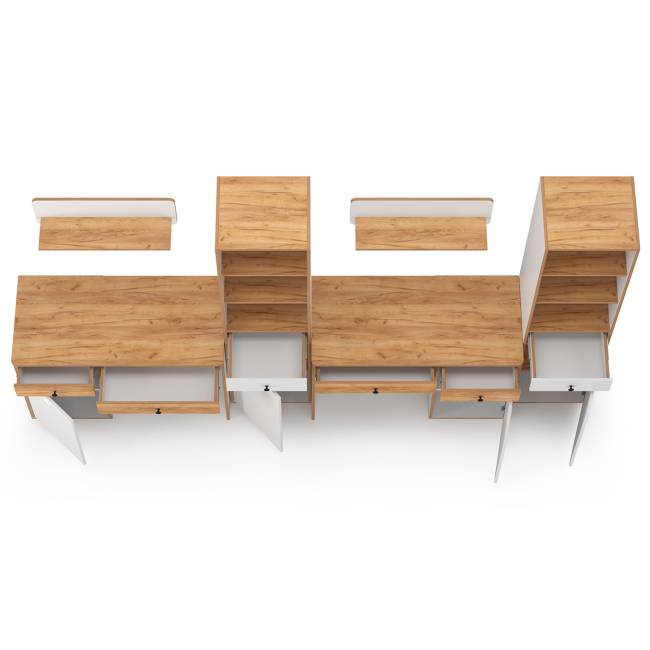 Два письменных стола с открытыми полками Вуди и два пенала для тетрадей и учебников цвет белый премиум/дуб крафт золотой Два письменных стола с открытыми полками Вуди и два пенала для тетрадей и учебников цвет белый премиум/дуб крафт золотой