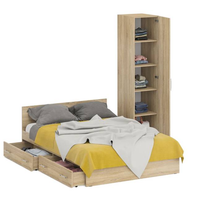 Двуспальная кровать с ящиками 1400 с пеналом Стандарт цвет дуб сонома Двуспальная кровать с ящиками 1400 с пеналом Стандарт цвет дуб сонома