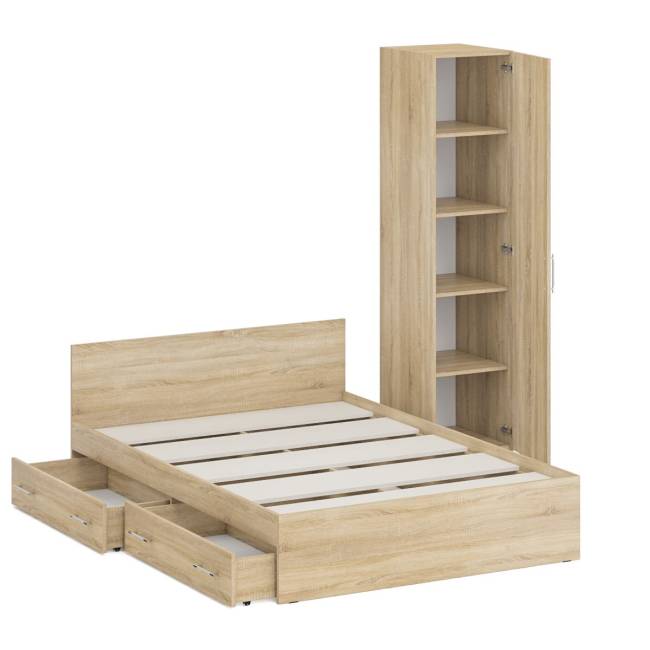 Двуспальная кровать с ящиками 1400 с пеналом Стандарт цвет дуб сонома Двуспальная кровать с ящиками 1400 с пеналом Стандарт цвет дуб сонома