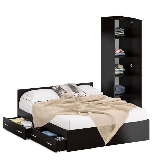 Двуспальная кровать с ящиками 1600 с пеналом Стандарт цвет венге Двуспальная кровать с ящиками 1600 с пеналом Стандарт цвет венге