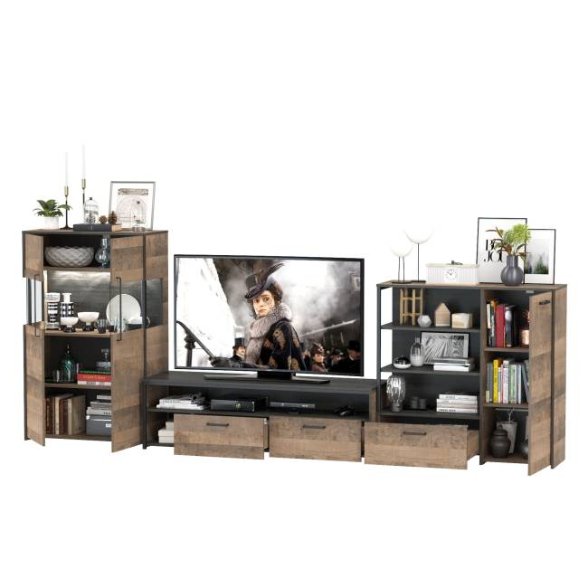 Стенка в гостиную Трувор № 54 с тумбой с подсветкой цвет дуб гранж песочный/интра Стенка в гостиную Трувор № 54 с тумбой с подсветкой цвет дуб гранж песочный/интра