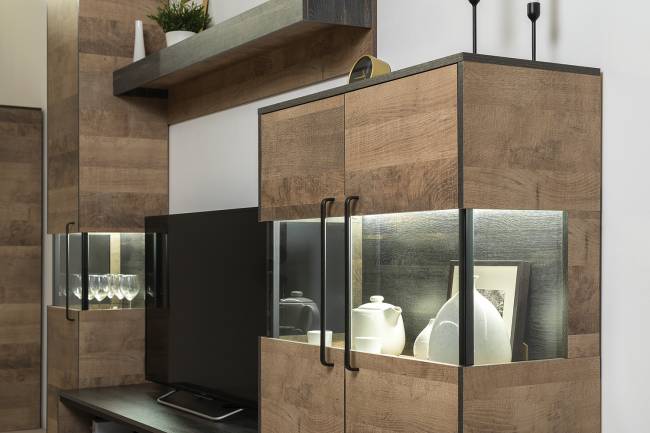 Стенка в гостиную Трувор № 54 с тумбой с подсветкой цвет дуб гранж песочный/интра Стенка в гостиную Трувор № 54 с тумбой с подсветкой цвет дуб гранж песочный/интра