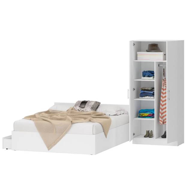 Двуспальная Кровать белая с ящиками 1600 со шкафом для одежды 2-х створчатым Стандарт цвет белый Двуспальная Кровать белая с ящиками 1600 со шкафом для одежды 2-х створчатым Стандарт цвет белый