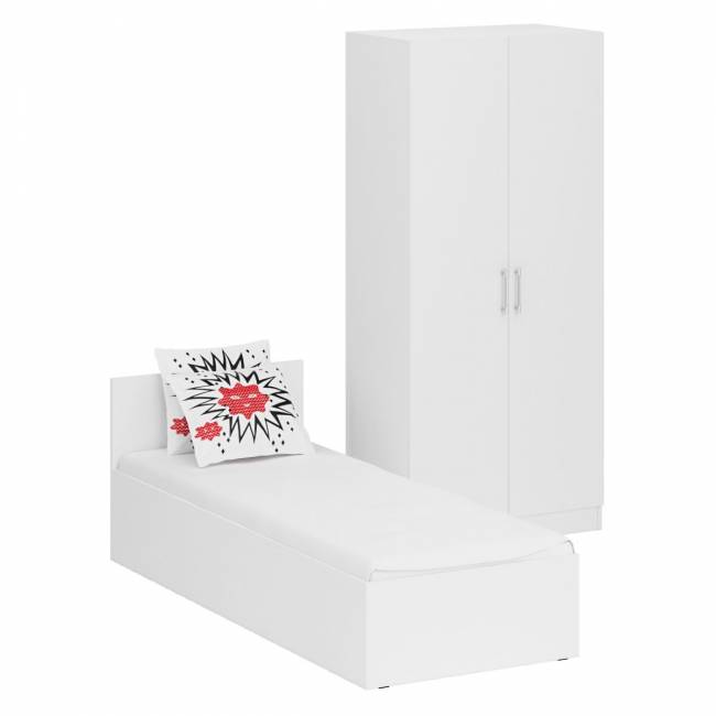 Кровать белая односпальная 800 со шкафом для одежды 2-х створчатым Стандарт цвет белый Кровать белая односпальная 800 со шкафом для одежды 2-х створчатым Стандарт цвет белый