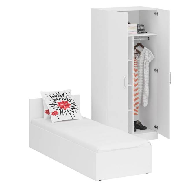 Кровать белая односпальная 800 со шкафом для одежды 2-х створчатым Стандарт цвет белый Кровать белая односпальная 800 со шкафом для одежды 2-х створчатым Стандарт цвет белый