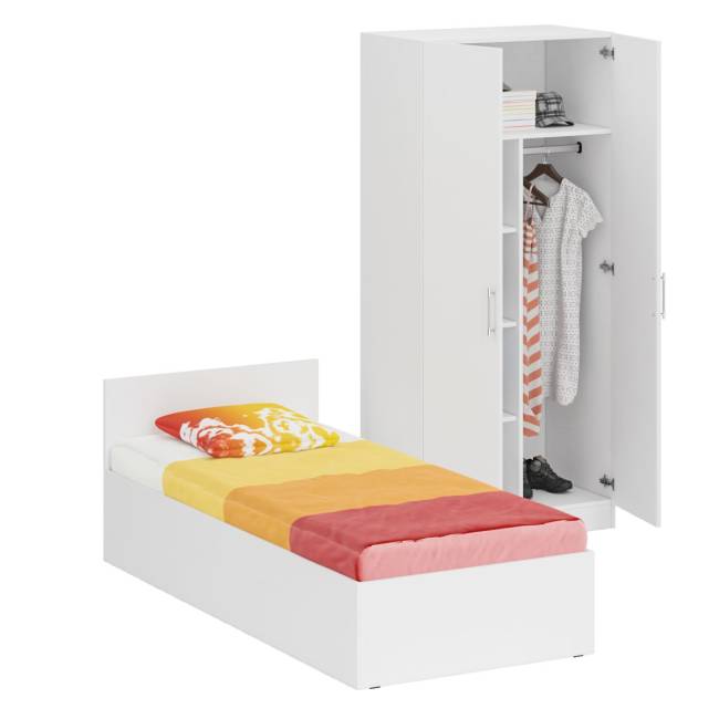 Кровать белая односпальная 900 со шкафом для одежды 2-х створчатым Стандарт цвет белый Кровать белая односпальная 900 со шкафом для одежды 2-х створчатым Стандарт цвет белый