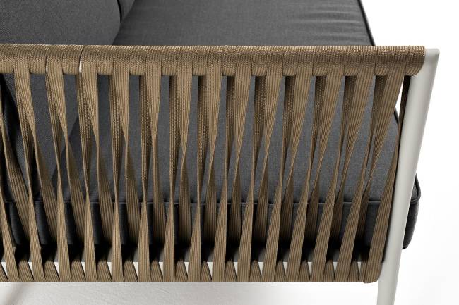 "Касабланка" диван 3-местный плетеный из роупа, каркас алюминий светло-серый (RAL7035) муар, роуп серо-коричневый 23мм, ткань серая 017