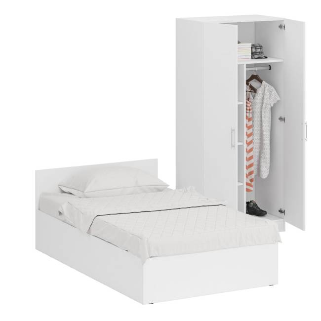 Кровать белая односпальная 1200 со шкафом для одежды 2-х створчатым Стандарт цвет белый Кровать белая односпальная 1200 со шкафом для одежды 2-х створчатым Стандарт цвет белый
