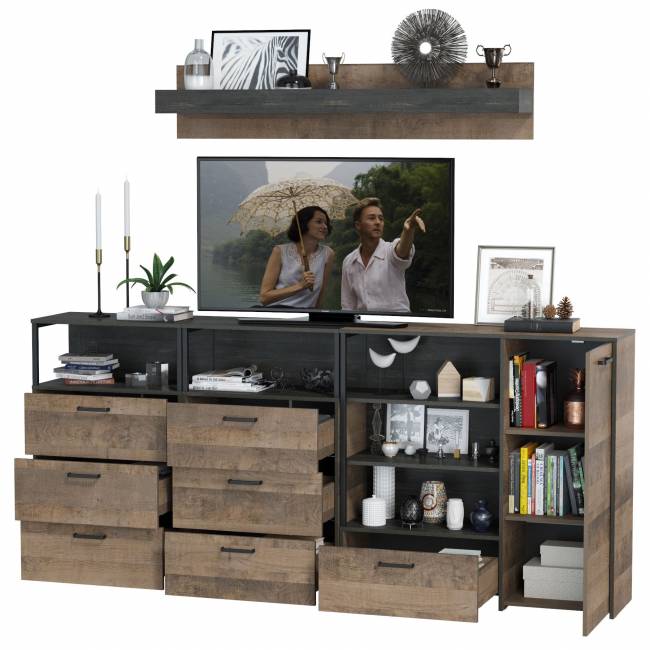 Два комода с ящиками с навесной полкой и комод с ящиком и дверкой в гостиную Трувор цвет дуб гранж песочный/интра