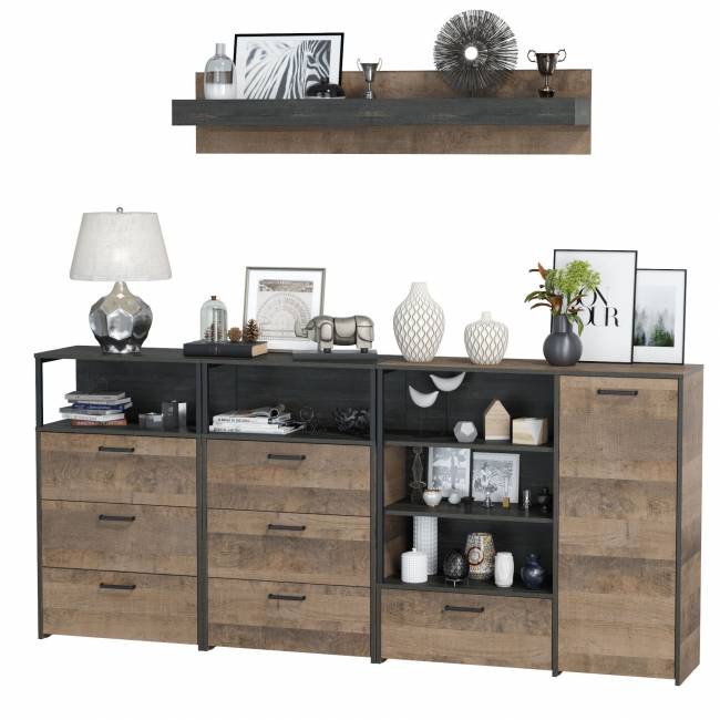 Два комода с ящиками с навесной полкой и комод с ящиком и дверкой в гостиную Трувор цвет дуб гранж песочный/интра