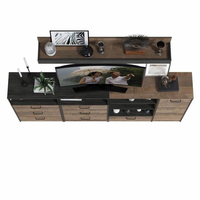 Два комода с ящиками с навесной полкой и комод с ящиком и дверкой в гостиную Трувор цвет дуб гранж песочный/интра