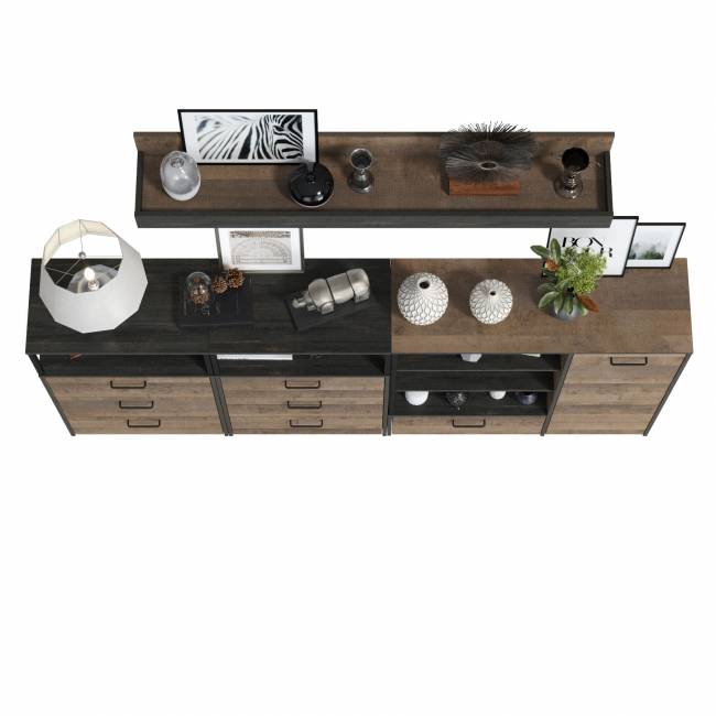 Два комода с ящиками с навесной полкой и комод с ящиком и дверкой в гостиную Трувор цвет дуб гранж песочный/интра