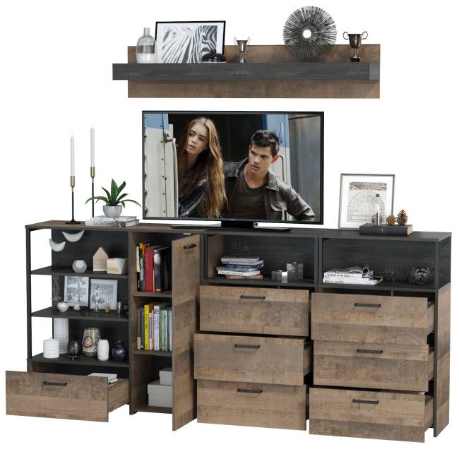 Два комода с ящиками с навесной полкой и комод с ящиком и дверкой в гостиную Трувор цвет дуб гранж песочный/интра