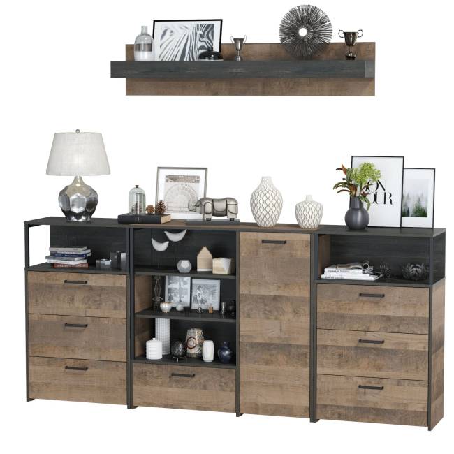 Два комода с ящиками с навесной полкой и комод с ящиком и дверкой в гостиную Трувор цвет дуб гранж песочный/интра