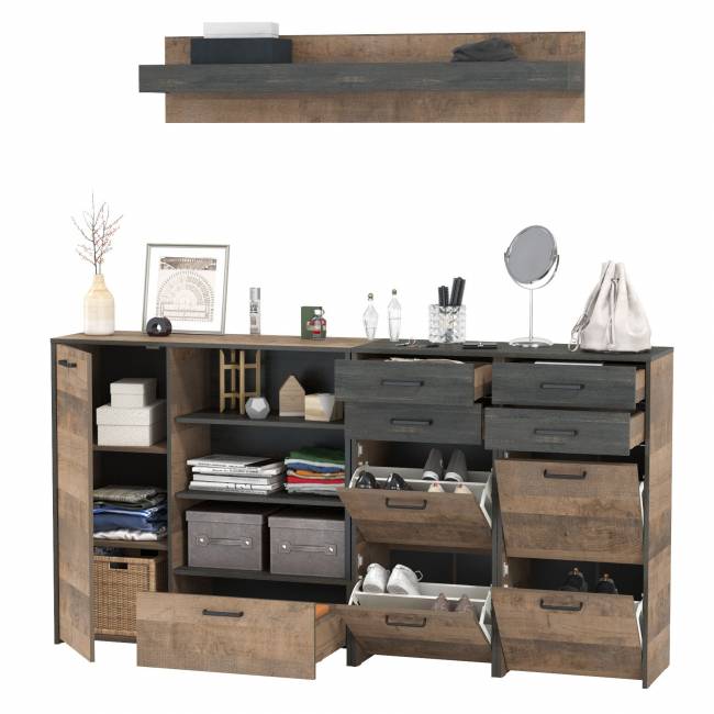 Комод-тумба в прихожую с навесной полкой и двумя обувницами с ящиками Трувор цвет дуб гранж песочный/интра