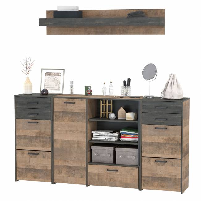 Комод-тумба в прихожую с навесной полкой и двумя обувницами с ящиками Трувор цвет дуб гранж песочный/интра