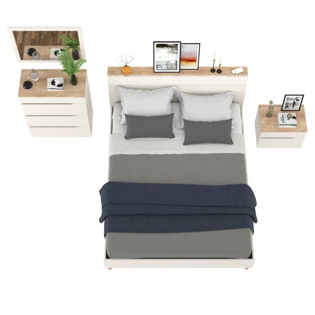 Кровать Муссон 1600 с ортопедическим основанием с тумбочкой и комодом с зеркалом цвет белый/дуб эндгрейн элегантный Кровать Муссон 1600 с ортопедическим основанием с тумбочкой и комодом с зеркалом цвет белый/дуб эндгрейн элегантный