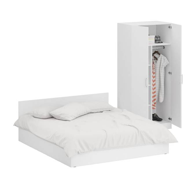 Кровать белая двуспальная 1800 со шкафом для одежды 2-х створчатым Стандарт цвет белый Кровать белая двуспальная 1800 со шкафом для одежды 2-х створчатым Стандарт цвет белый