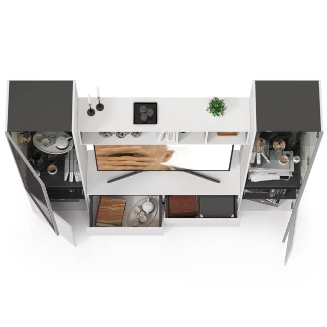 Стенка для гостиной со стеклянными фасадами Сидней цвет белый/чёрный/фасады МДФ белый глянец Стенка для гостиной со стеклянными фасадами Сидней цвет белый/чёрный/фасады МДФ белый глянец